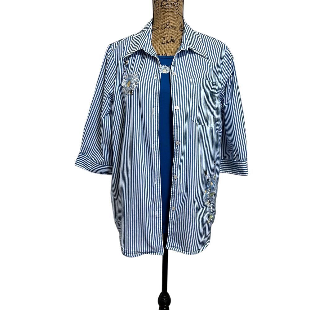 Blair Striped Button Down Shirt Floral Embroidered Bees Summer Blouse Set Size L